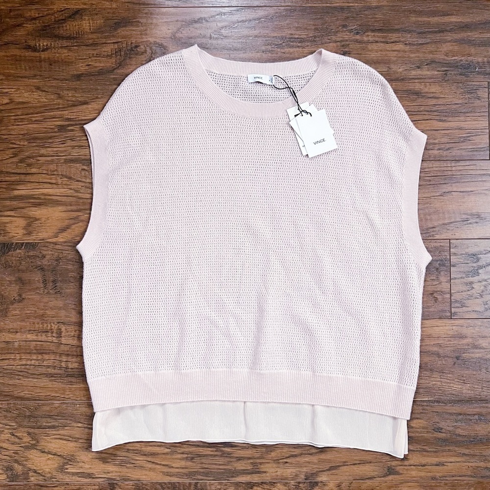 Vince Layered Perforated Jumper Pullover Sweater Mixed Media Wool Cashmere